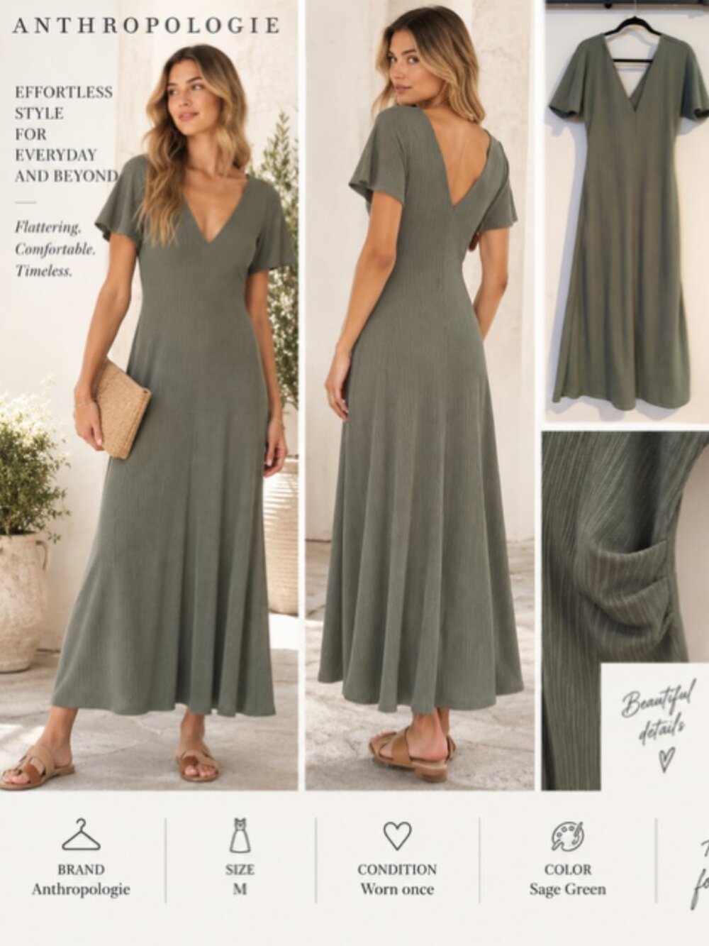 Anthropologie Sage Green Maxi Dress — Size M